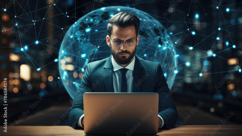generated illustration businessman with laptop connected global network, transferring information with hologram generated illustration businessman with laptop connected global network, transferring information with hologram
