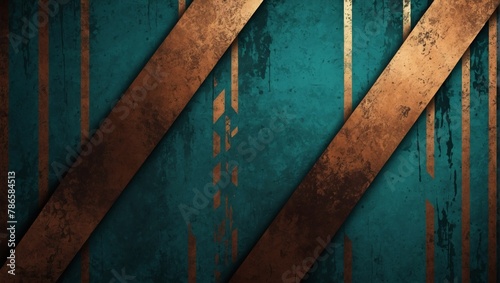 Teal and copper grunge stripes abstract banner design. Geometric tech vector background with antique wall texture.