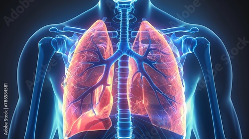 The human respiratory system consists of the lungs, which allow us to breathe. These lungs are located in our chest and are made up of tiny air sacs that allow oxygen to enter our bloodstream. photo
