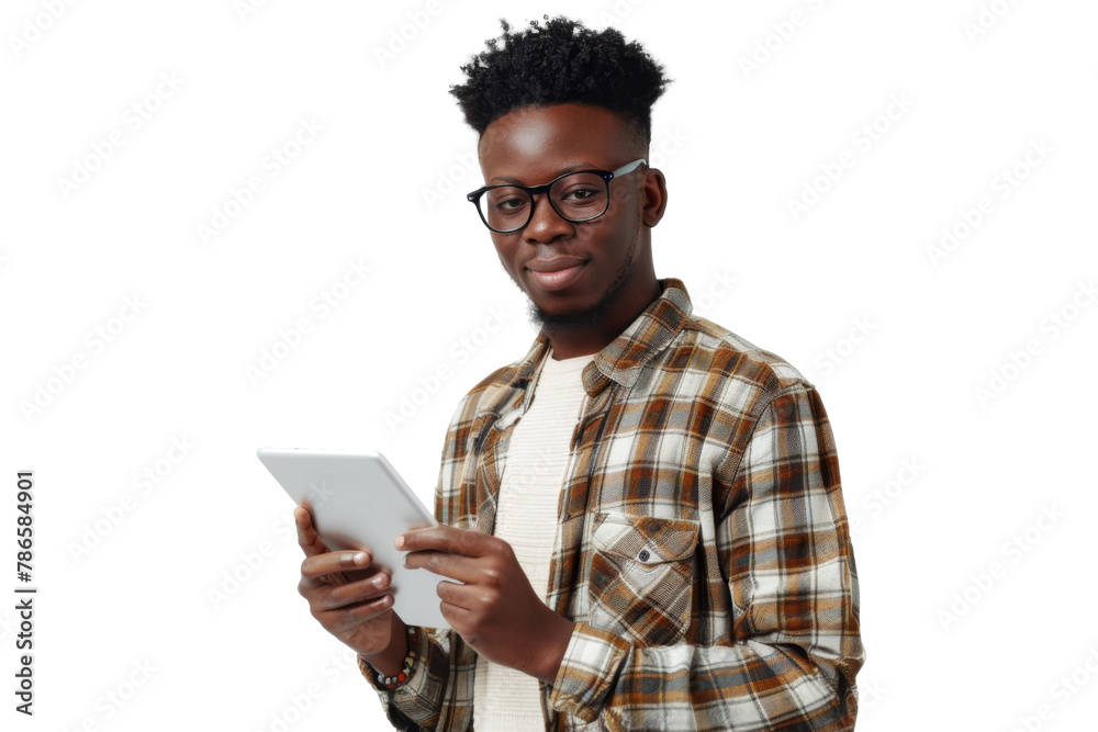 Studio portrait company business worker smart young African American man with serious face holding tablet, isolated on transparent png background.