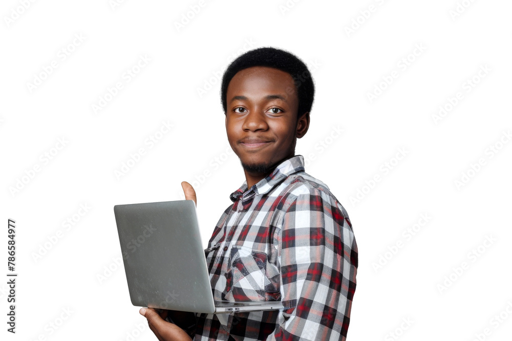 Studio portrait company business worker smart young African American man with serious face holding tablet, isolated on transparent png background. Studio portrait company business worker smart young African American man with serious face holding tablet, isolated on transparent png background.