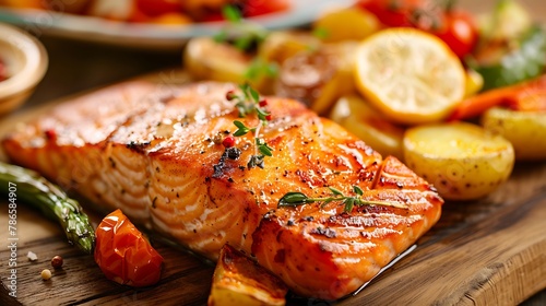Barbecued salmon fried potatoes and vegetables on wooden background