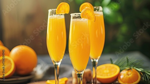 Cocktails made from freshly squeezed orange juice, mimosas are served in tall glasses. Establishment signature drink, affordable beverage, lemonade, vitamins, diet, natural product. Generative by AI © Anastasia