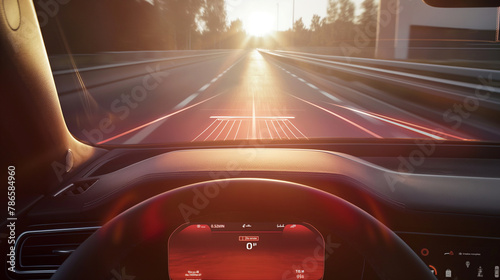 Lane Departure Warning - Inside view of a car showing a lane departure warning alert on the vehicle’s display as it begins to drift from its lane. The alert is highlighted by morni © Катерина Євтехова