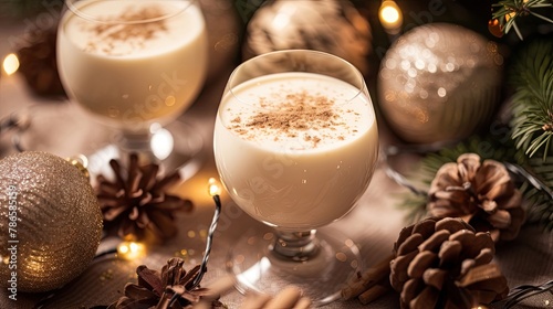 A festive eggnog cocktail topped with a sprinkle of cinnamon. New Year, seasonal drink. The concept of relaxing in the company of friends during the holiday. Spruce cones and twigs. Generative by AI