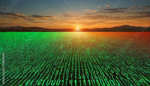 Sunset code vista: A field of glowing green binary code under a colorful sunset