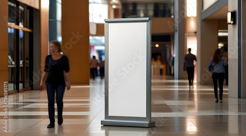 Poster Stand Mockup in Shopping Center Restaurant Mall: Blank Copy Space, Advertising Marketing Presentation Banner Design photo
