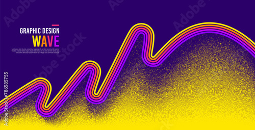 Abstract wave shape with rainbow colors. Gradient grain noise wavy background. Futuristic pattern poster. Line wave ribbon background. Spray grain dots pattern. Abstract vector illustration