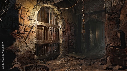 Decrepit dungeon cell with crumbling walls and an iron-bound. Gloomy place, ghosts, paranormal, gothic, middle ages, ruins, dust, dampness, underground structure, mysticism, fear. Generative by AI