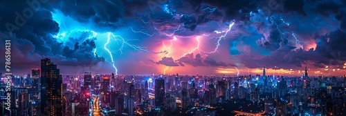 Electric cityscape: dramatic skyline illuminated by mesmerizing lightning photo
