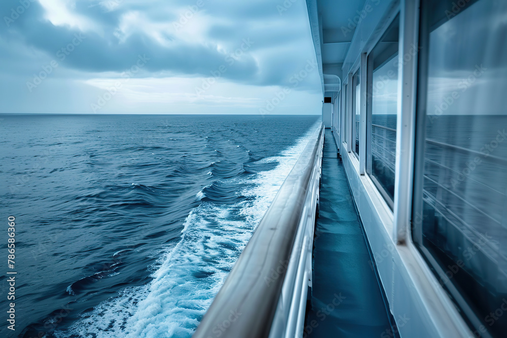 Fototapeta premium Deck of cruise ship with view on blue ocean