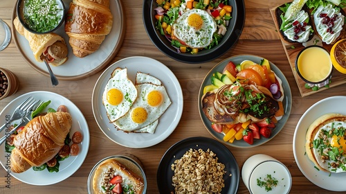 Breakfast food table festive brunch set meal variety with fried egg croissant sandwich granola and smoothie overhead view