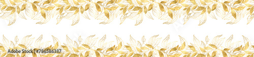 Digital golden leaves border. Line border Seamless pattern  Romantic pattern luxury golden textured background. Floral botanical seamless pattern border. golden line elements. branches  leaves  twigs
