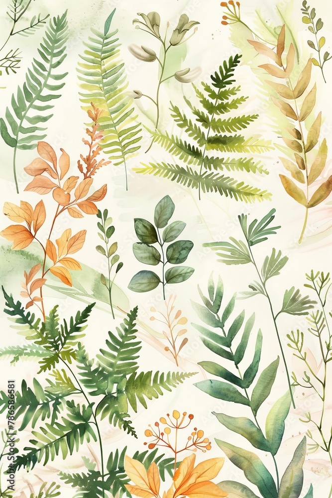 Ancient leaves and ferns, a watercolor journey through time, vintage style illustrations for a magical journal,A beautiful watercolor pattern featuring a variety of ferns, leaves, and foliage