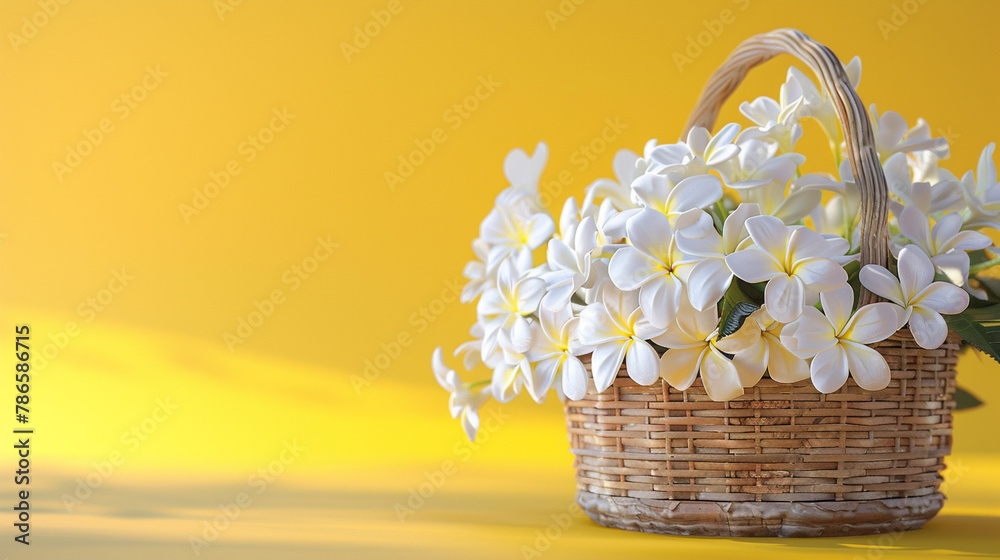 Detailed 3D rendering capturing the elegance of white flowers arranged in a wooden basket, complemented by a radiant yellow spring background. 8K