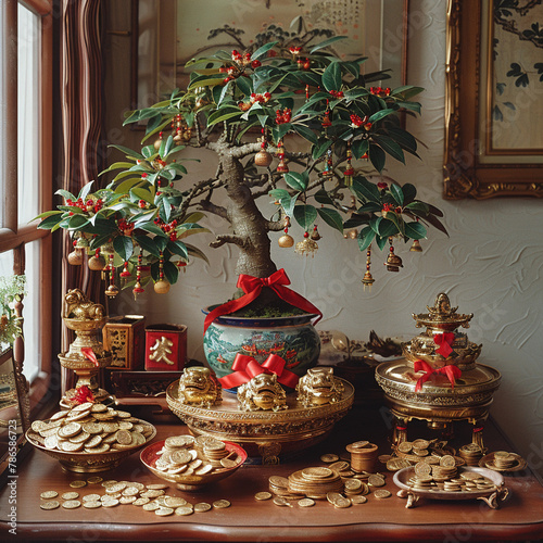A feng shui wealth corner in a living room adorned with a jade plant