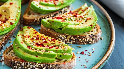 Avocado toasted sprinkled with red pepper flakes and sesame seeds. Restaurant dish and serving, close-up, easy to prepare course. Concept of culinary excellence and sophistication. Generative by AI