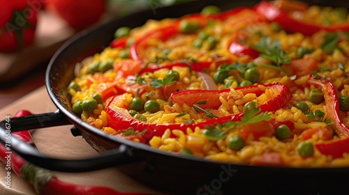 Vegetable paella with saffron-infused rice bell peppers and peas. Restaurant dish, serving, seasonal offering, proper nutrition, diet food. Culinary aesthetics concept. Generative by AI