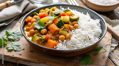 Vegetable curry with chickpeas served over fragrant basmati rice. Restaurant dish, serving, seasonal offering, proper nutrition, diet food. Culinary aesthetics concept. Generative by AI