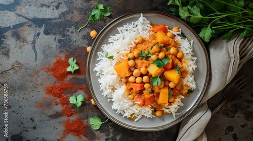Vegetable curry with chickpeas served over fragrant basmati rice. Restaurant dish, serving, seasonal offering, proper nutrition, diet food. Culinary aesthetics concept. Generative by AI