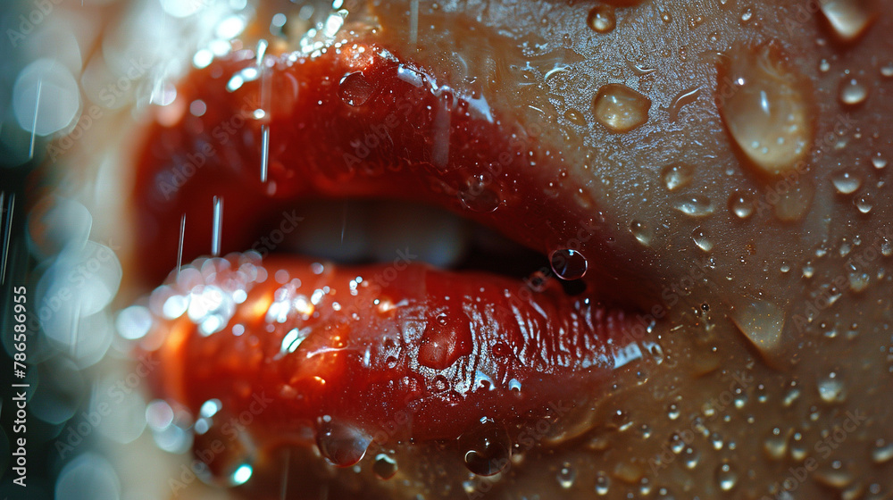 Rain Drops On Gorgeous Women Red Lips With Red Lipstick Background Blur Rain Drops On Gorgeous Women Red Lips With Red Lipstick Background Blur