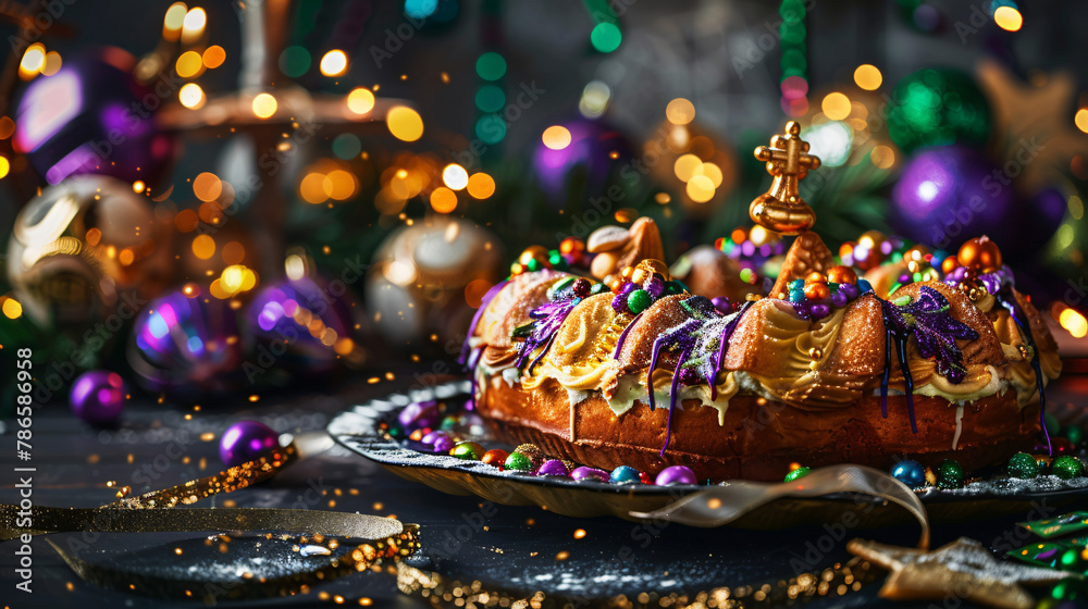Mardi gras concept king cake with holiday decoration