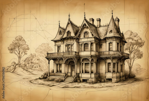 simple pencil sketch architects plan construction drawing blueprint of an old victorian villa manor mansion building to be refurbished on old yellowed paper