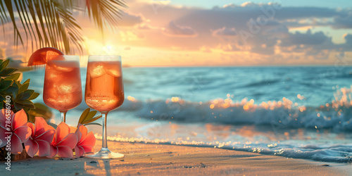 Two cocktail drink glasses on the beach. Tropical vacation background. Palm leaf and flowers, sea, ocean on background. Summer holiday travel theme.