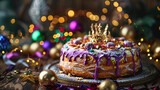 Mardi gras concept king cake with holiday decoration