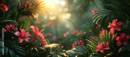 Tropical green plants and hawaiian hibiscus flowers on sun light background.   © elenabdesign