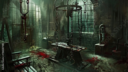 Torture chamber with an iron maiden and other gruesome device, chains, horror, thriller. Gloomy place, ghosts, paranormal, gothic, middle ages, ruins, dampness, mysticism, fear. Generative by AI photo