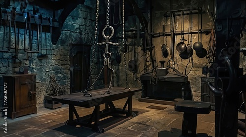 Torture chamber with an iron maiden and other gruesome device, chains, horror, thriller. Gloomy place, ghosts, paranormal, gothic, middle ages, ruins, dampness, mysticism, fear. Generative by AI