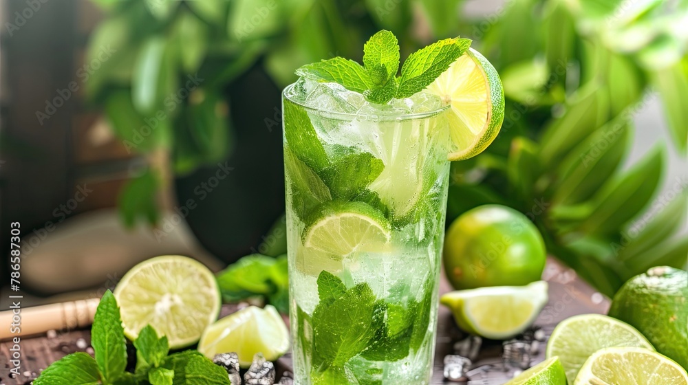 Tall glass of refreshing mojito cocktail garnished with fresh, drink with a degree, goblet, club, bar, alcohol aesthetics, aromatic drink and nice company concept. Generative by AI Tall glass of refreshing mojito cocktail garnished with fresh, drink with a degree, goblet, club, bar, alcohol aesthetics, aromatic drink and nice company concept. Generative by AI