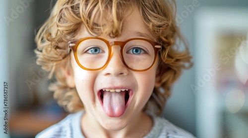 A mischievous young boy playfully sticking out his tongue. Ideal for educational or playful themed projects photo