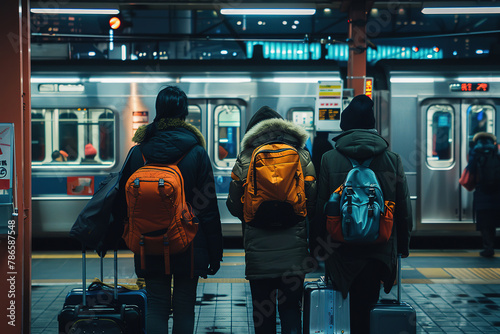 Commuters from behind with luggage waiting at an urban train station platform at night photo