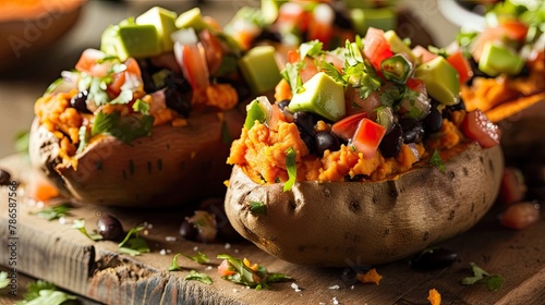 Stuffed sweet potatoes topped with black beans salsa and avocado, sprinkled with herbs. Restaurant dish, seasonal offering, proper nutrition, diet food. Culinary aesthetics concept. Generative by AI photo