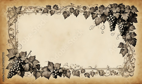 template of rustic decoration frame with wine grape grapevine vine leaf for wine list, advertising, gastronomy, vineyard, wine festival, tasting, winery, bistro, restaurant, wine cellar, viticulture