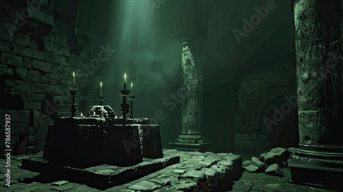 Sinister sacrificial altar in the depths of an ancient dungeon. Ruins, buildings of ancient civilizations, mysticism, paranormalism, otherworldly forces, magic. Generative by AI photo