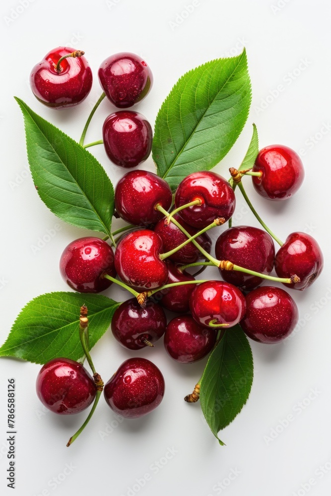 A bunch of cherries with leaves, perfect for food and health-related designs A bunch of cherries with leaves, perfect for food and health-related designs