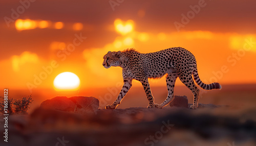 Fototapeta Naklejka Na Ścianę i Meble -  Majestic Cheetah at Sunset: Graceful cheetah walks across rocky terrain against stunning sunset backdrop. Warm hues of sky complement sleek silhouette of cheetah creating captivating scene of wildlife