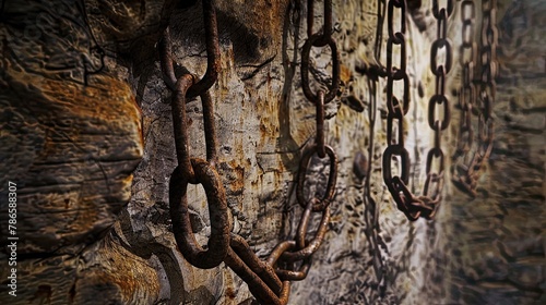 Rusty iron shackles hanging from the walls of a medieval prison  torture chamber. Gloomy place  ghosts  paranormal  gothic  middle ages  ruins  dampness  mysticism  fear. Generative by AI