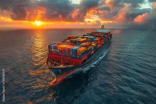 Shipping vessel cruising on the ocean, delivering cargo worldwide.