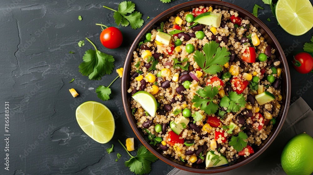 Quinoa and black bean salad garnished with cilantro and lime. Homemade dish, serving, close-up, diet food, easy to prepare. Culinary excellence, sophistication concept. Generative by AI Quinoa and black bean salad garnished with cilantro and lime. Homemade dish, serving, close-up, diet food, easy to prepare. Culinary excellence, sophistication concept. Generative by AI