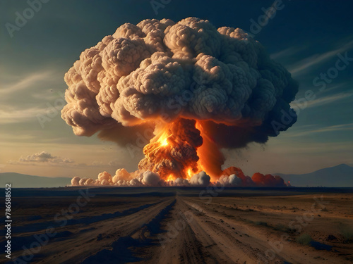 Nuclear explosion on the horizon with clouds of smoke and fire - end of the world