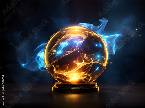 Golden glowing sphere with plasma and magical energy on a dark background with smoke design.