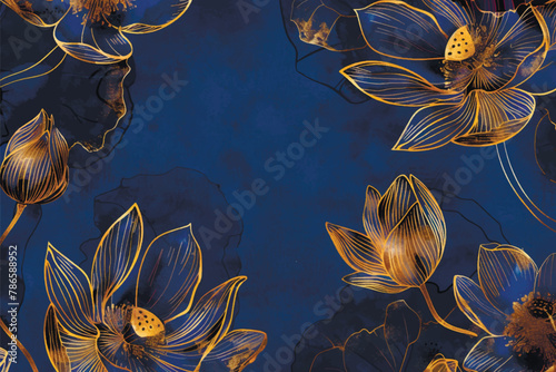 Japanese style line art floral pattern with watercolor blossom exotic tropical lotus flowers, leaves and gold lines on blue background. Vector botanical beautiful backdrop wallpaper illustration