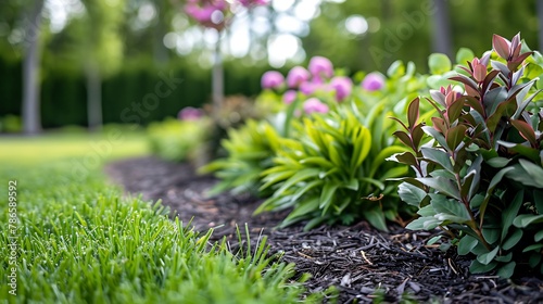 Close up of professionally landscaped flower bed with decorative green garden plants and evenly mowed lawn in the background