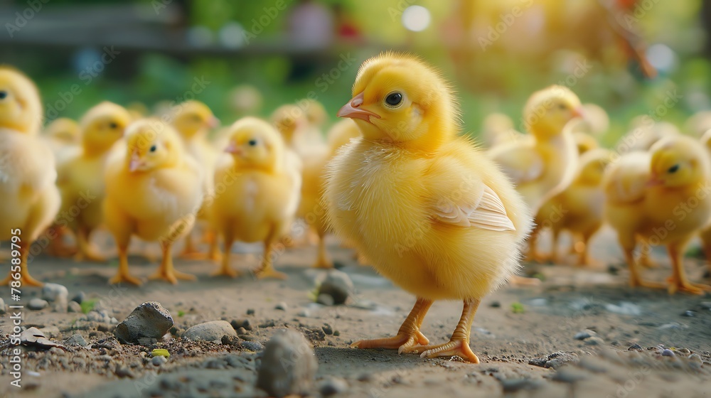 Close up yellow chicks on the floor beautiful yellow little chickens group of yellow chicks