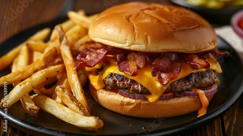 Closeup of a bacon cheeseburger on a toasted bun and french fries on a black plate