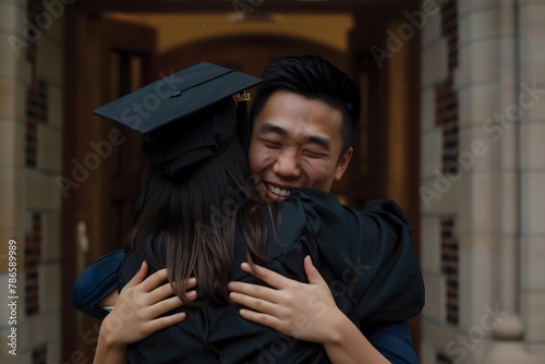 A proud brother embraces his sister who just graduated. Happy graduation concept